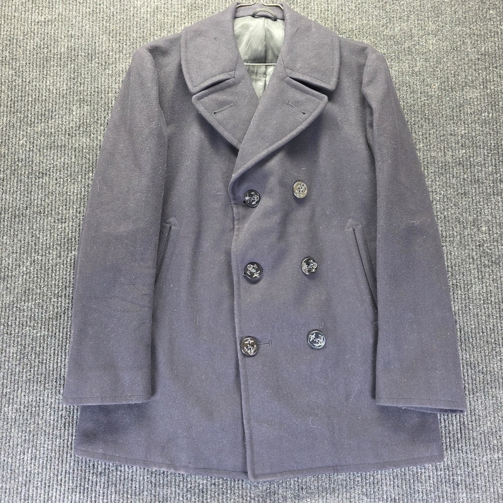 Vintage US Navy Naval 100% Wool Pea Coat Overcoat Anchor Buttons 40R